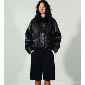 Zara Black Leather Jacket with Fur Collar